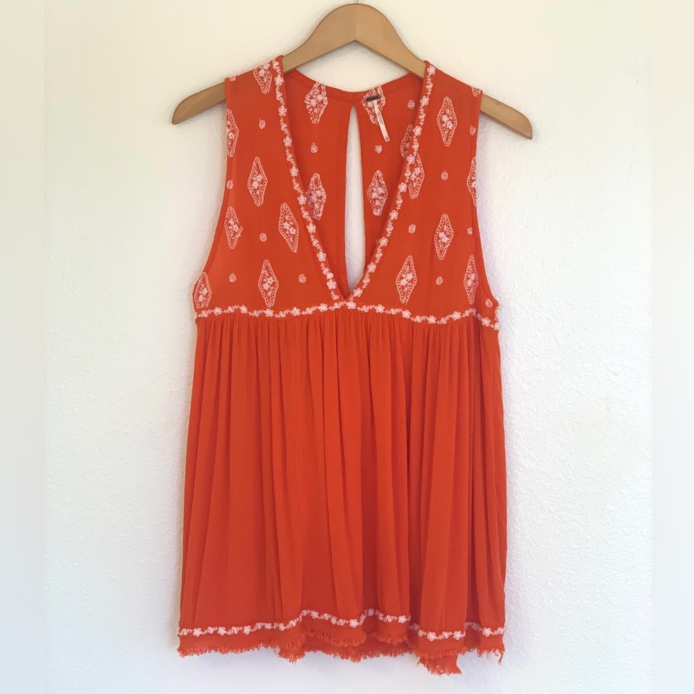 FREE PEOPLE GAUZY ORANGE BOHO DIAMOND EMBROIDERED TUNIC SIZE SMALL S/P